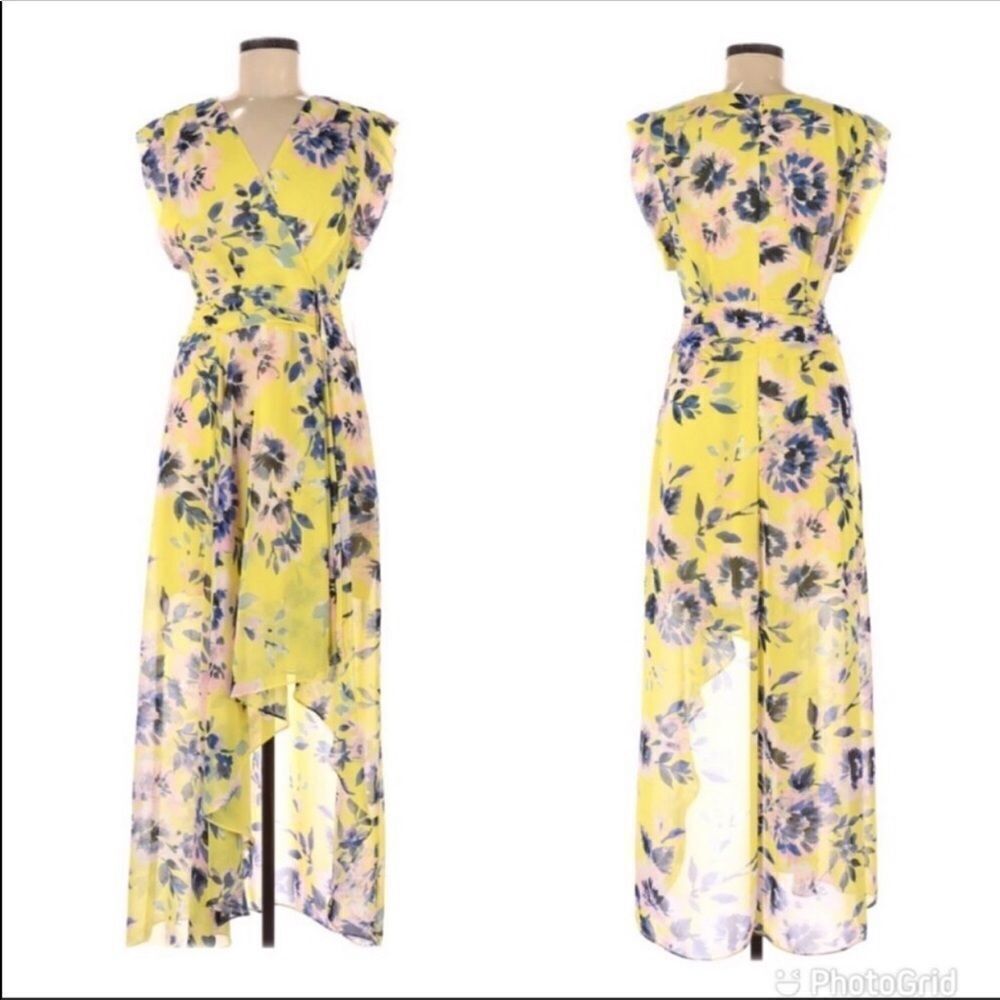 ELIZA J Yellow Floral Print Chiffon Maxi Dress Sleeveless High Lo Hem Size 2 New